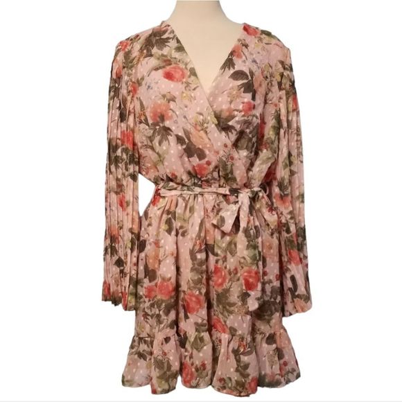 Boohoo Floral Print Belted Skater Dress Pleated Sleeve Size 12 Pink NWT - Picture 13 of 13